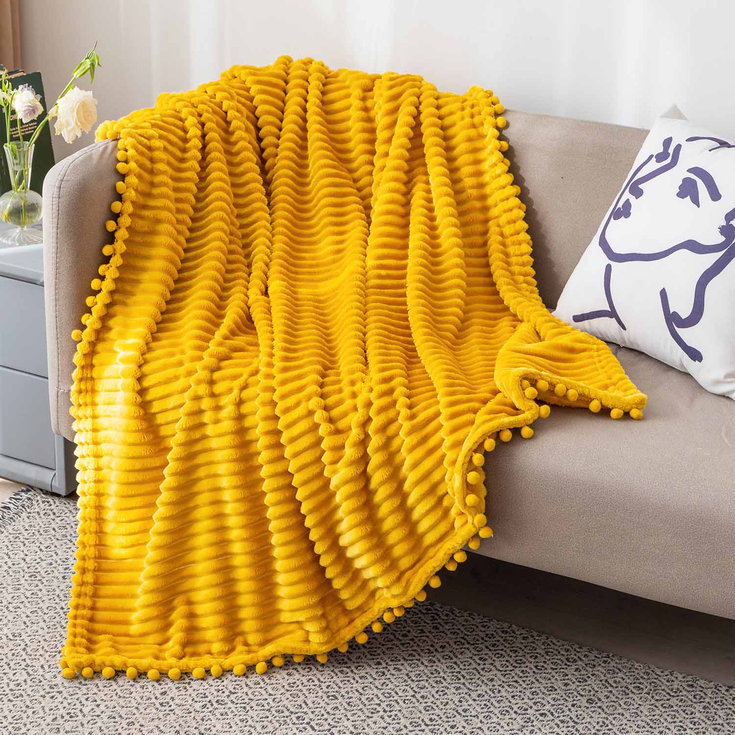 Pompom Fringe Flannel Throw Blanket