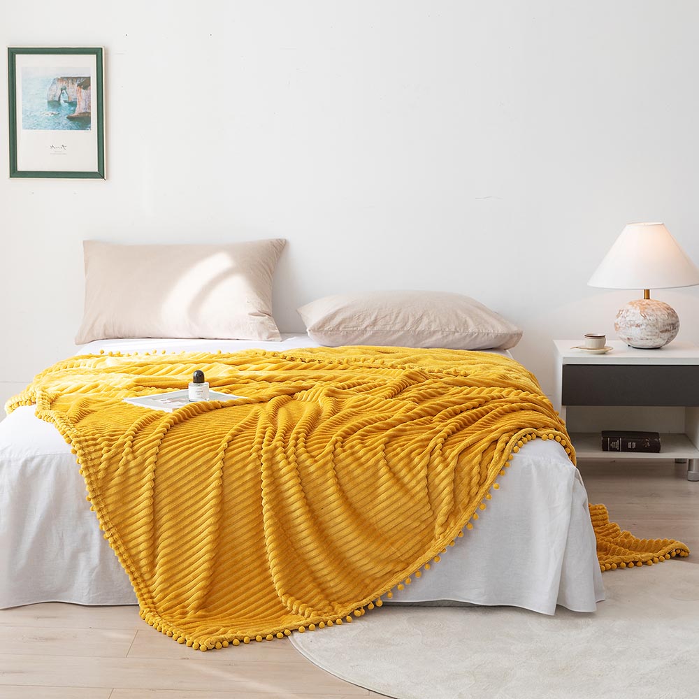 Pompom Fringe Flannel Throw Blanket