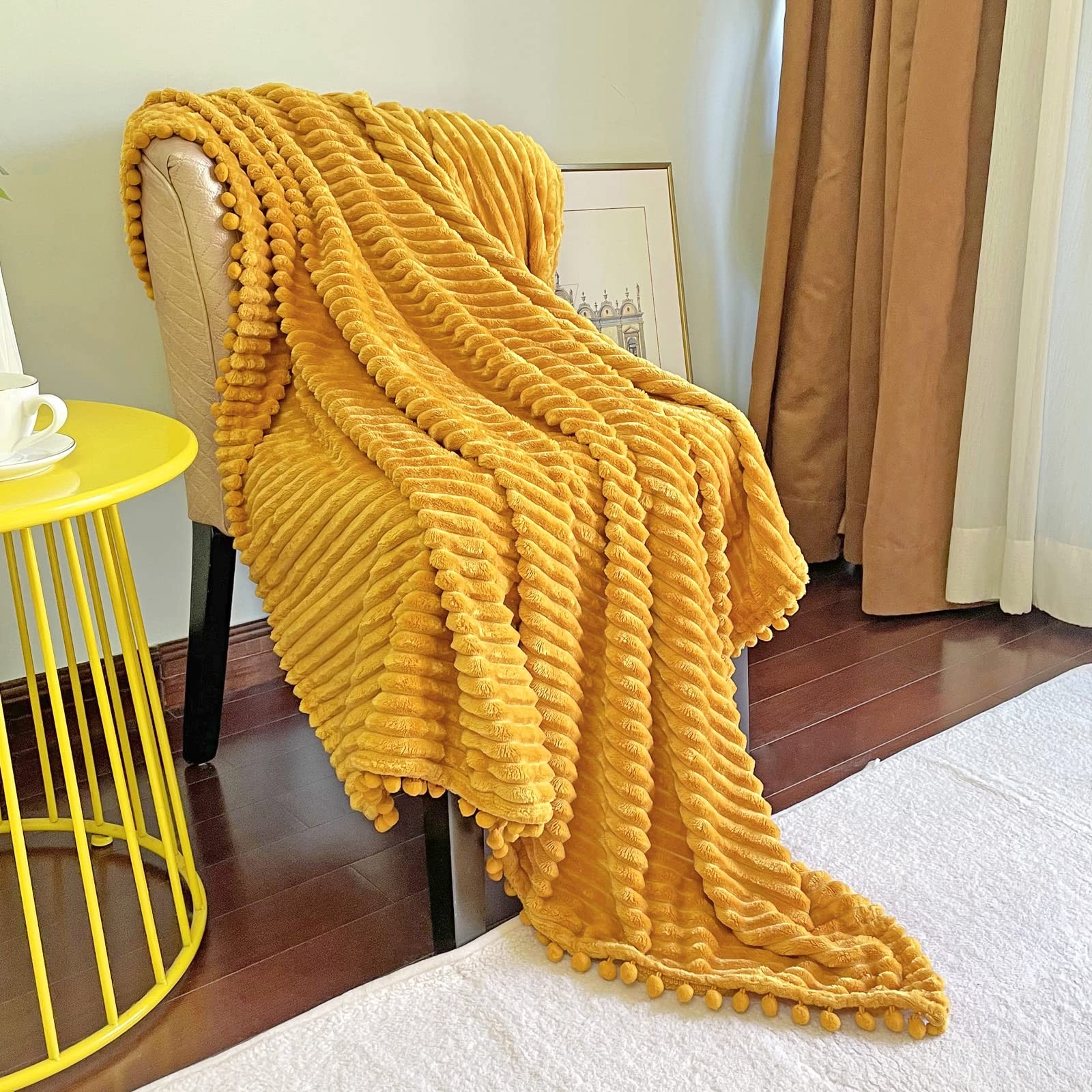 Pompom Fringe Flannel Throw Blanket