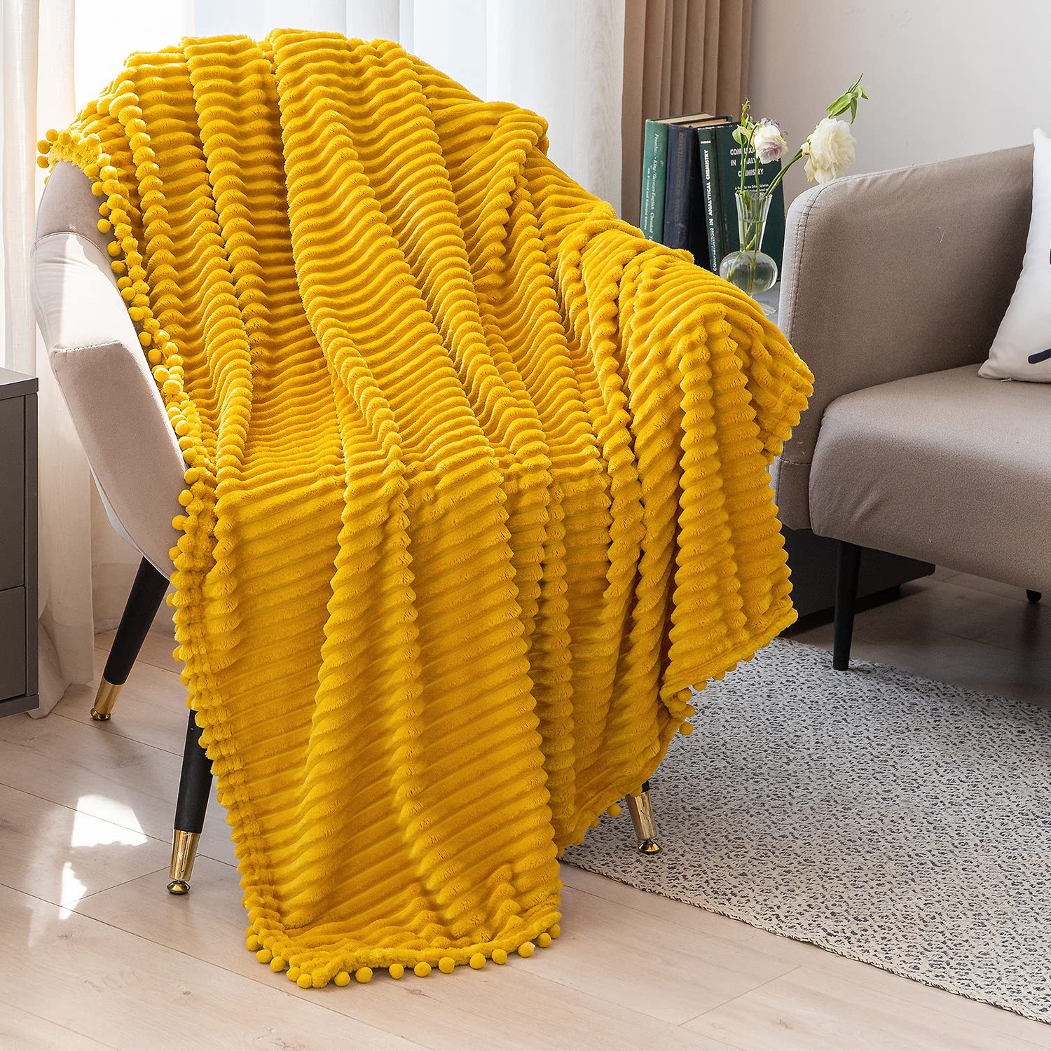 Pompom Fringe Flannel Throw Blanket