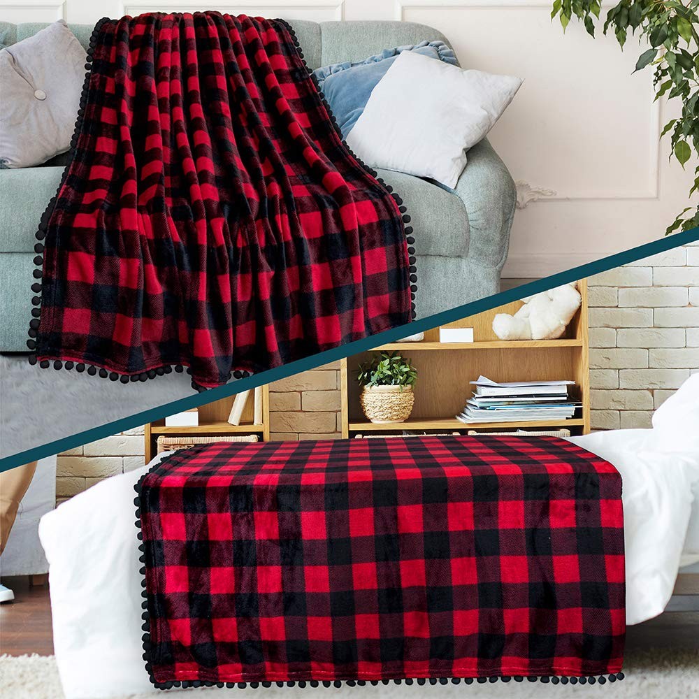 Soft Fleece Pompom Fringe Blanket