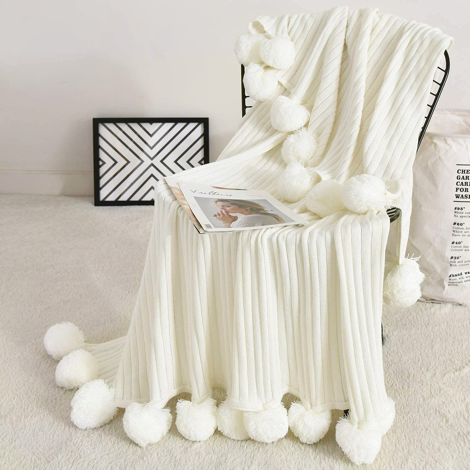 Knitted Cotton Blanket with Pompom Tassels